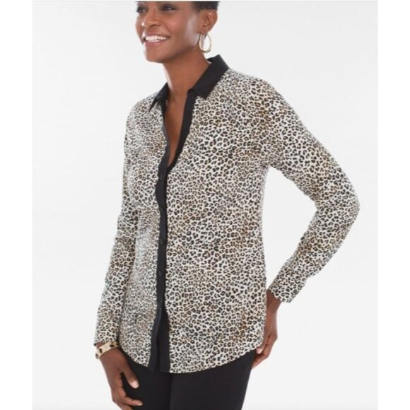Chicos 2 Leopard Print Button-Up no iron Shirt Womens Size large Black Collar Co - Picture 1 of 11